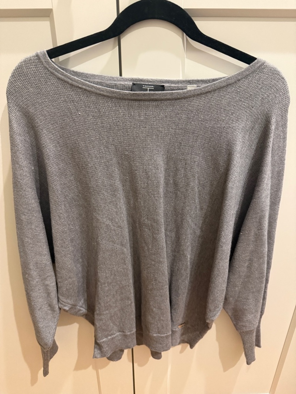 Tahari Light Gray Off-Shoulder Knit Sweater
